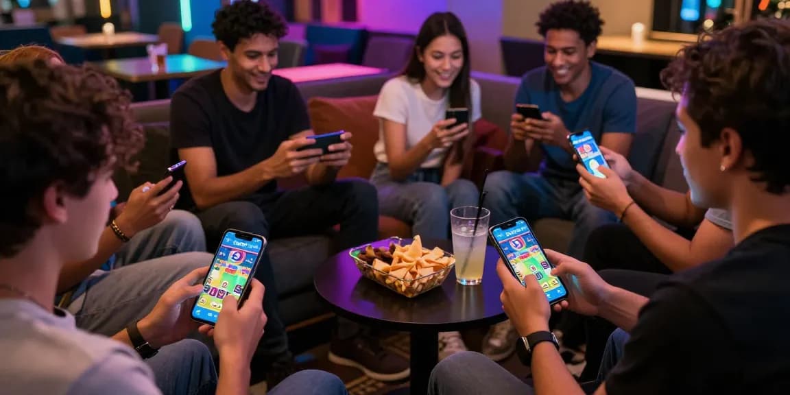 Players excitedly engage to play online with the 3 Patti World app in a vibrant gaming lounge.