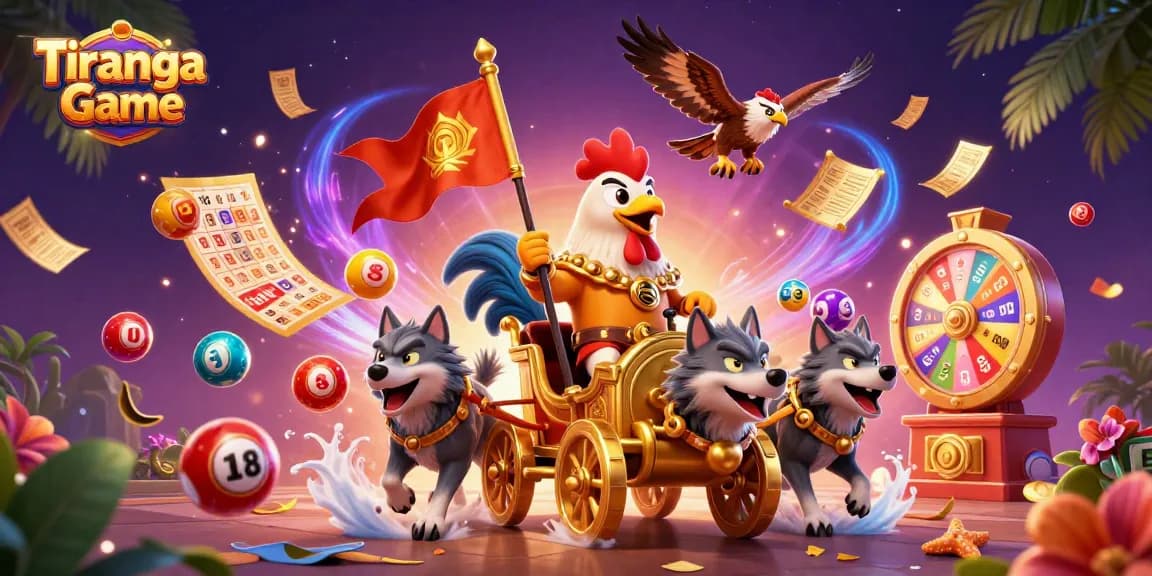 The Tiranga Game showcases a vibrant gaming scene with a rooster warlord and dynamic lottery elements.