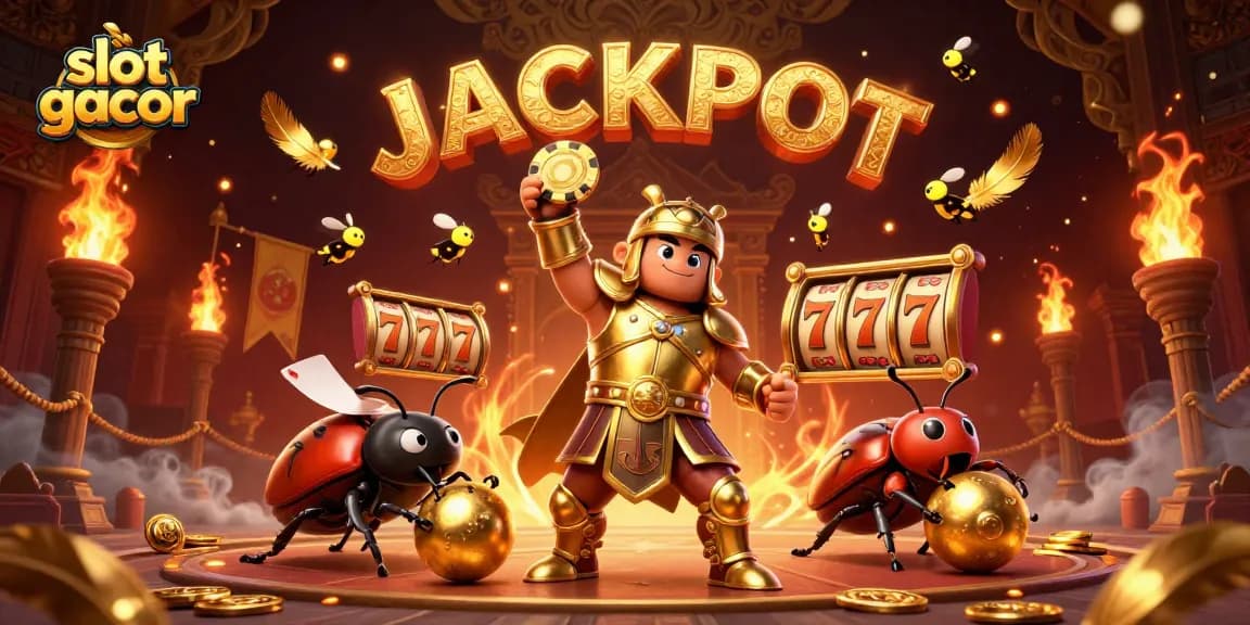 Experience the thrill of slot gacor with a victorious beetle and dynamic elements.