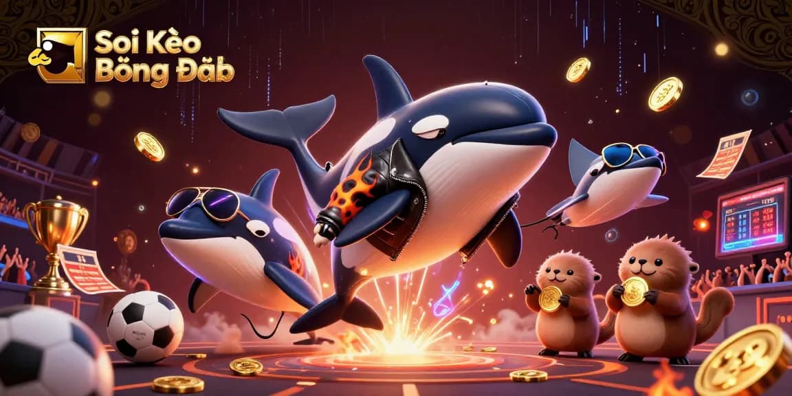 Soi Kèo Bóng Đá features an orca whale and sea otters in a dynamic sports betting scene, surrounded by betting elements.