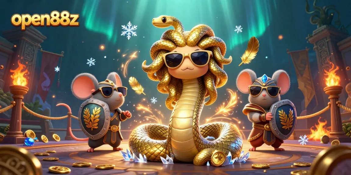 Engage with exciting games at open88z featuring a dynamic 3D scene of Medusa and a warrior mouse.