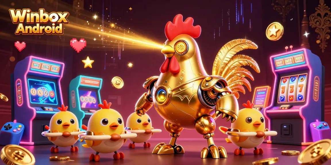 Winbox Android app showcases a vibrant 3D casino scene with a futuristic rooster and gaming elements.