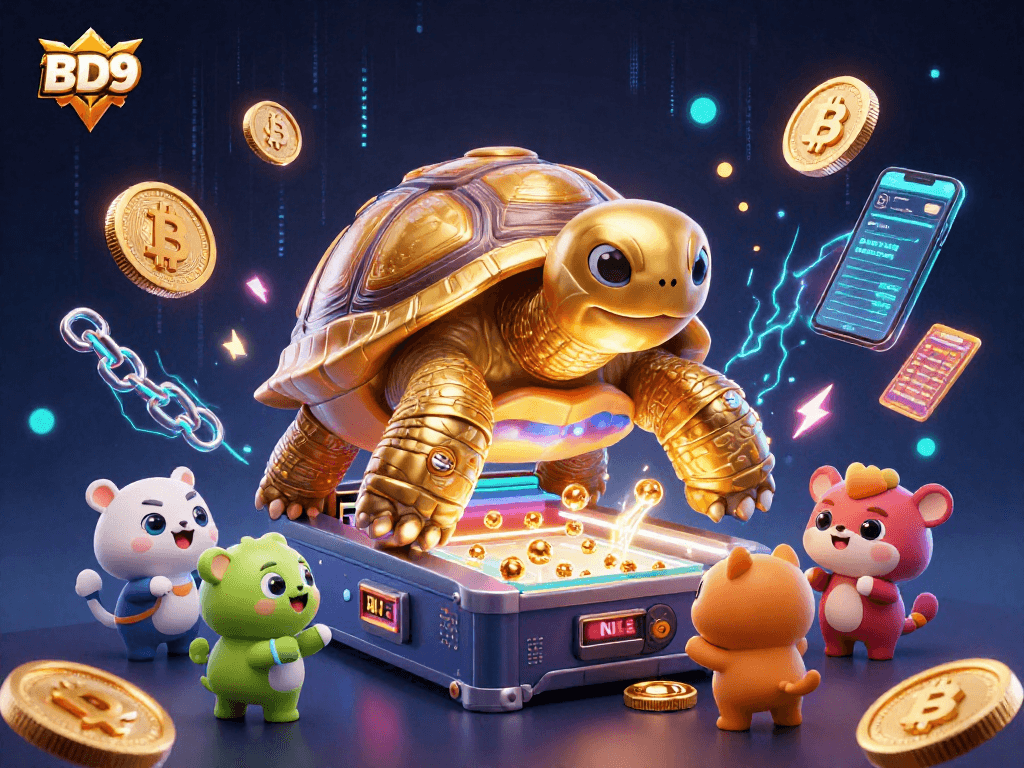 Experience thrilling gaming at BD9 with a golden tortoise and crypto themes in a vibrant casino setting.