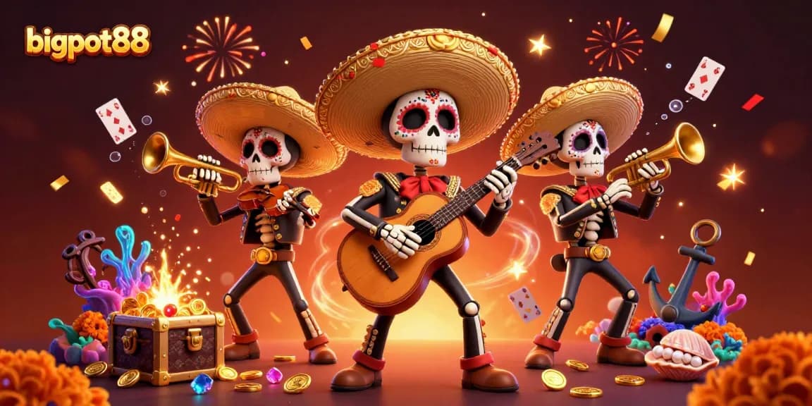 Experience bigpot88 with a vibrant 3D Dia de los Muertos scene showcasing a festive mariachi band.