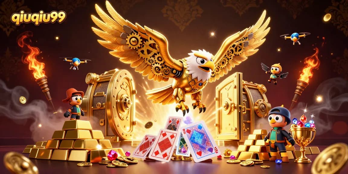 Experience thrilling wins with qiuqiu99, featuring vibrant 3D characters amidst stunning casino elements.