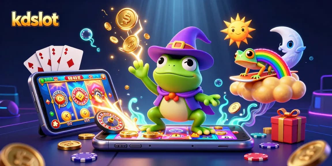 Experience the kdslot magic as the weather wizard frog conjures golden coins and excitement in this vibrant casino scene.