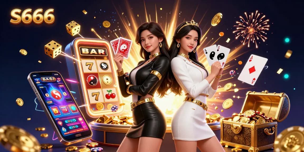 S666 casino promotional digital illustration showcasing twin Asian women, vibrant slot machine elements, and cards.