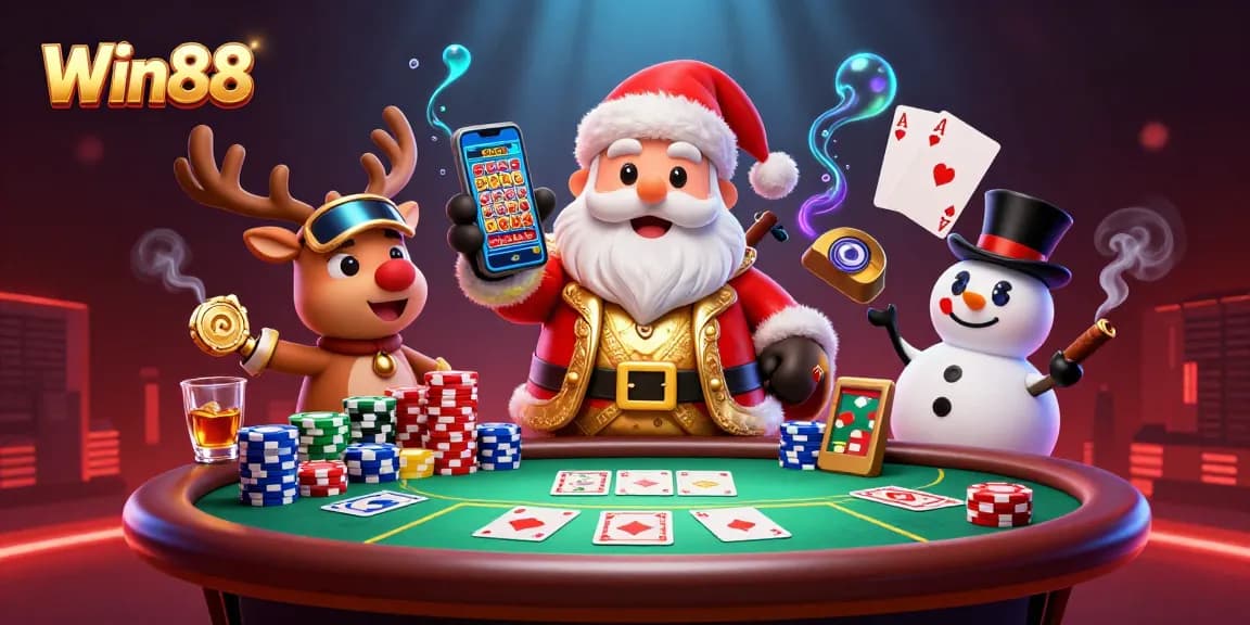 Win88 showcases a vibrant casino scene with Santa, reindeer, and snowman in playful action.