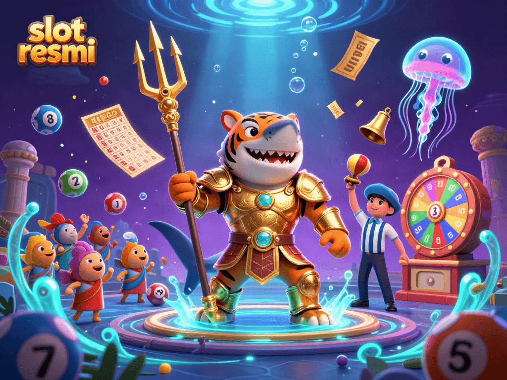 Win big at slot resmi with this vibrant 3D illustration of a shark in gladiator armor!