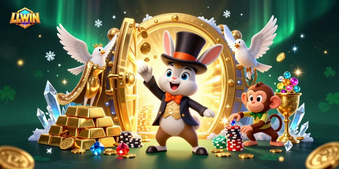 Experience excitement and magic with LLWIN's 3D illustration showcasing a magical casino scene filled with treasures and playful characters.