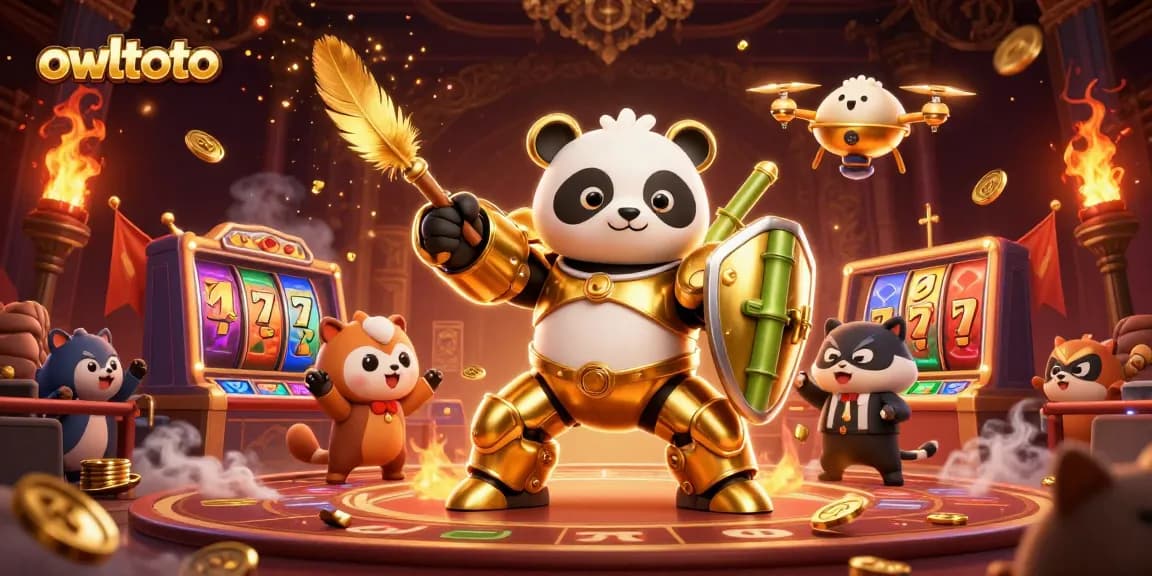 Engage in gameplay at owltoto with dynamic slots amid a vibrant casino scene featuring golden panda heroes.