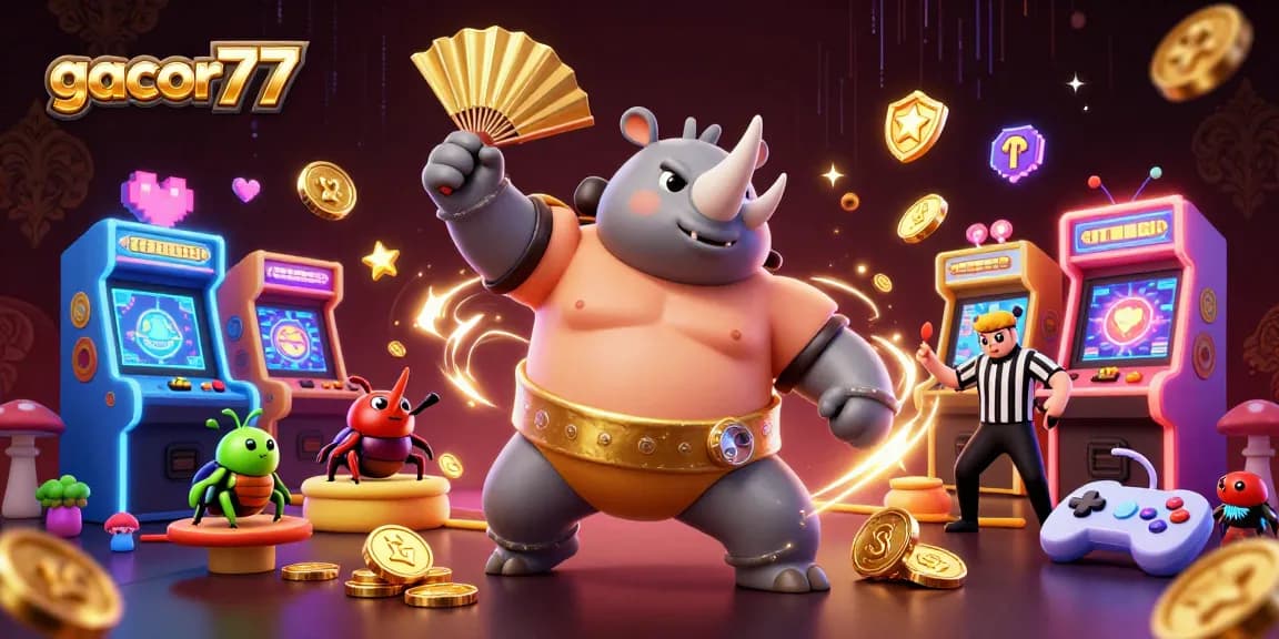 Permainan gacor77 yang seru, dengan juara kebo rhinoceros kartun dan koin emas terbang.