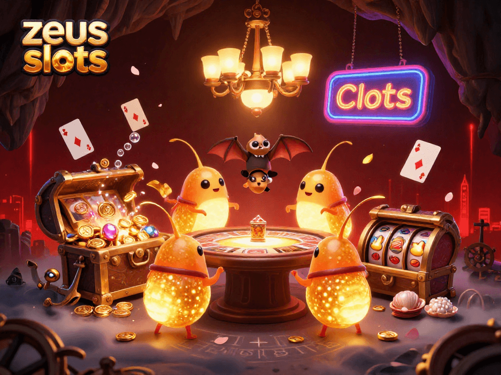 Experience zeus slots excitement with glowing characters in a vibrant casino scene.