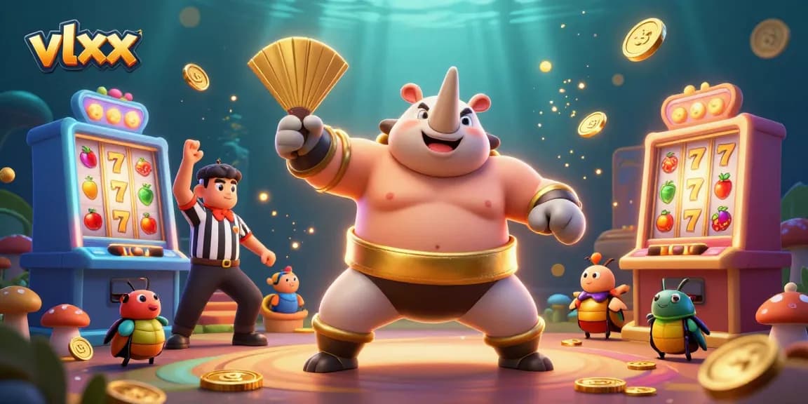 Experience the excitement of vlxx as a sumo beetle champion sends coins flying in a vibrant casino scene.