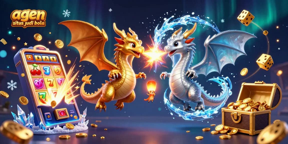 Engage with agen situs judi bola in a vibrant 3D scene featuring dragon duo amid casino elements and jackpot excitement.