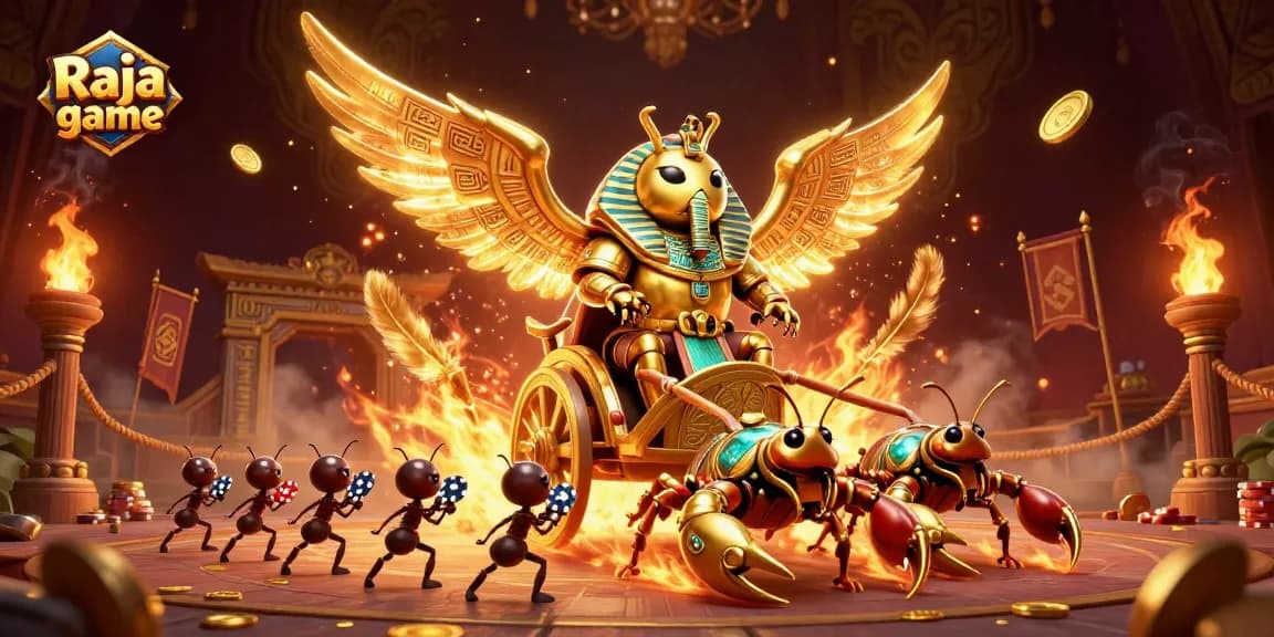 Experience thrilling action in Raja game with a golden scarab and jewel-encrusted scorpions enthroned in a vibrant gambling arena.