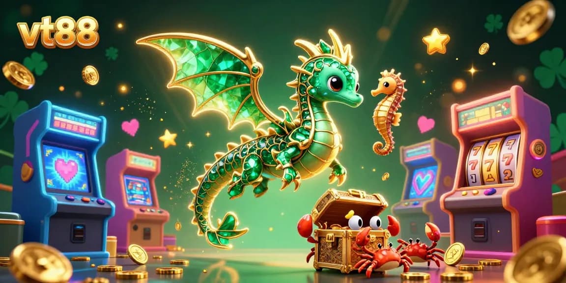Experience thrilling games with vt88's vibrant illustration featuring a treasure chest and playful sea creatures.