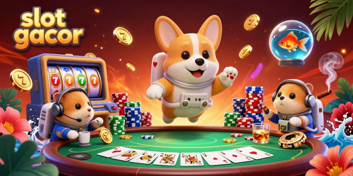 Engage with slot gacor action as a cartoon astronaut corgi and friends play in a floating casino.
