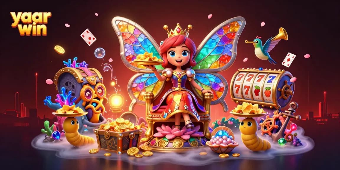 Experience yaar win magic with vibrant 3D casino illustration showcasing a butterfly queen and dynamic game elements.