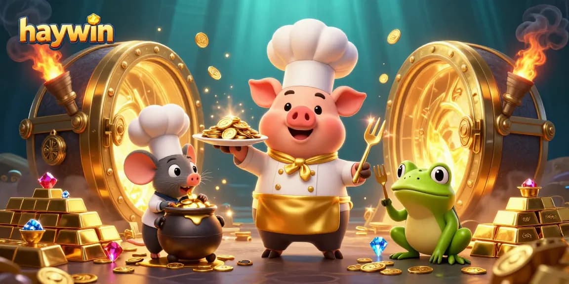 Experience the excitement of haywin with rich illustrations of characters enjoying gold-themed casino games.
