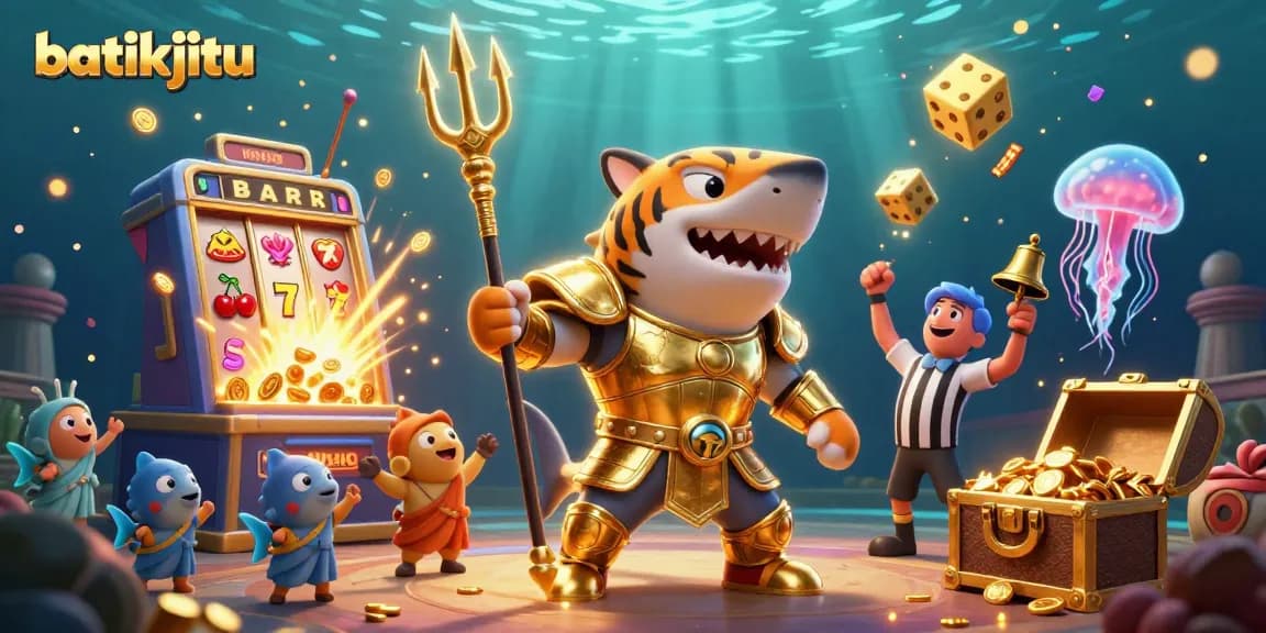 Bermain dengan batikjitu dalam ilustrasi kasino 3D dengan jackpot dan simbol keberuntungan