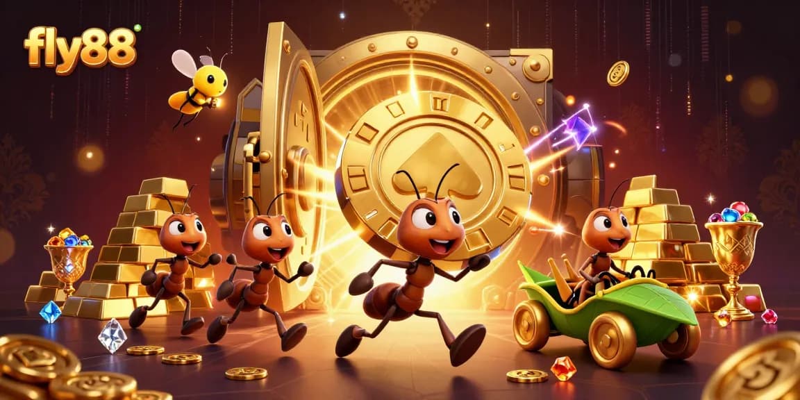 Engage in the thrill of fly88 as ants execute a heist with a giant poker chip amidst a treasure scene.