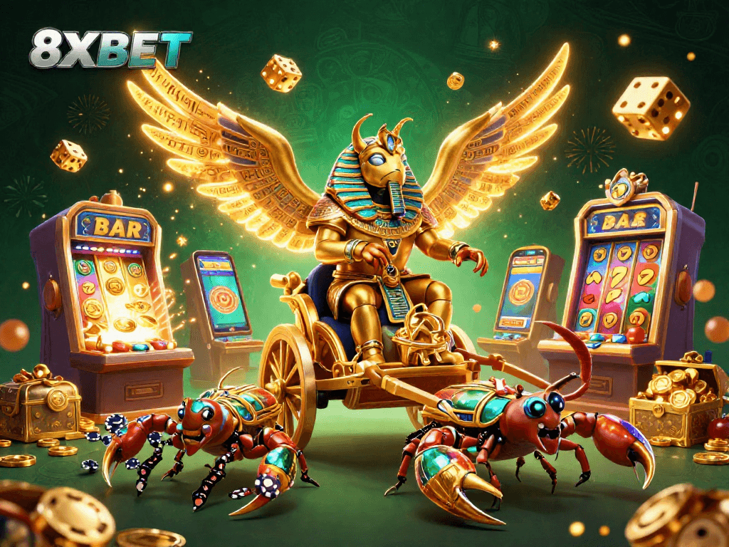 Win big with 8XBET in a vibrant casino scene featuring a golden scarab, slot machines, and jackpot excitement.