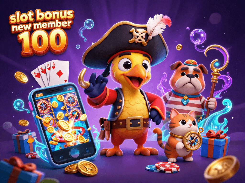 Join the fun with slot bonus new member 100 in a vibrant casino scene featuring pirate characters.