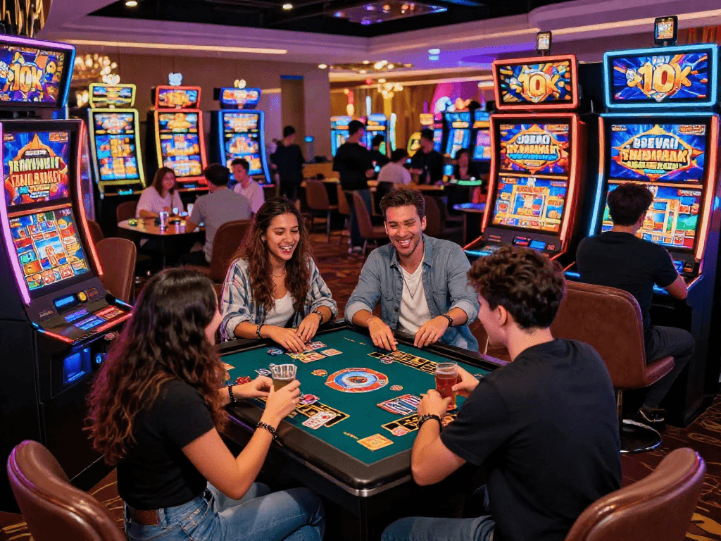 Slot depo 10k gaming scene with friends at a lively casino