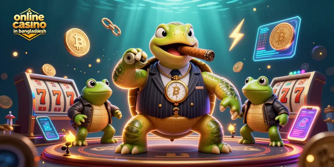 Engage with the exciting atmosphere of the online casino in bangladesh featuring slot reels, a turtle mobster, and vibrant crypto elements.
