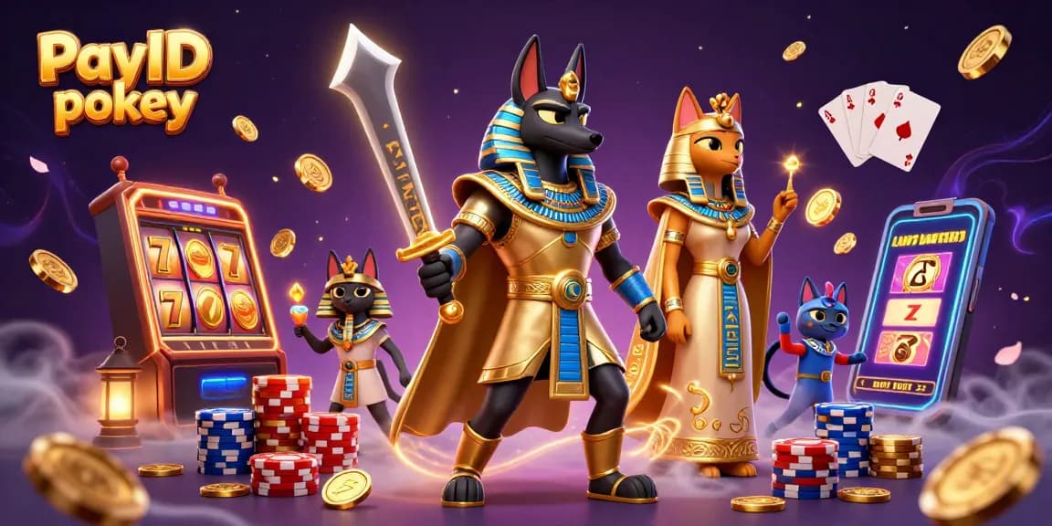 Experience thrilling PayID pokies with Anubis and Bastet amidst sparkling casino elements in a vibrant 3D scene.