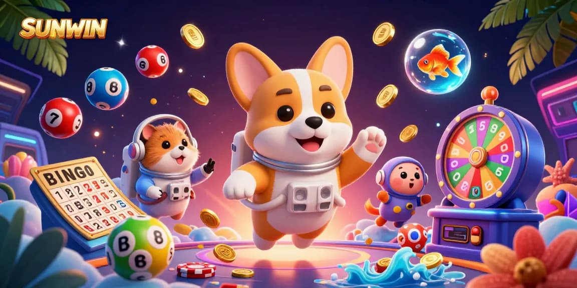 SUNWIN captivates players with an ultra-detailed 3D casino carnival scene featuring corgi astronauts and lottery balls.