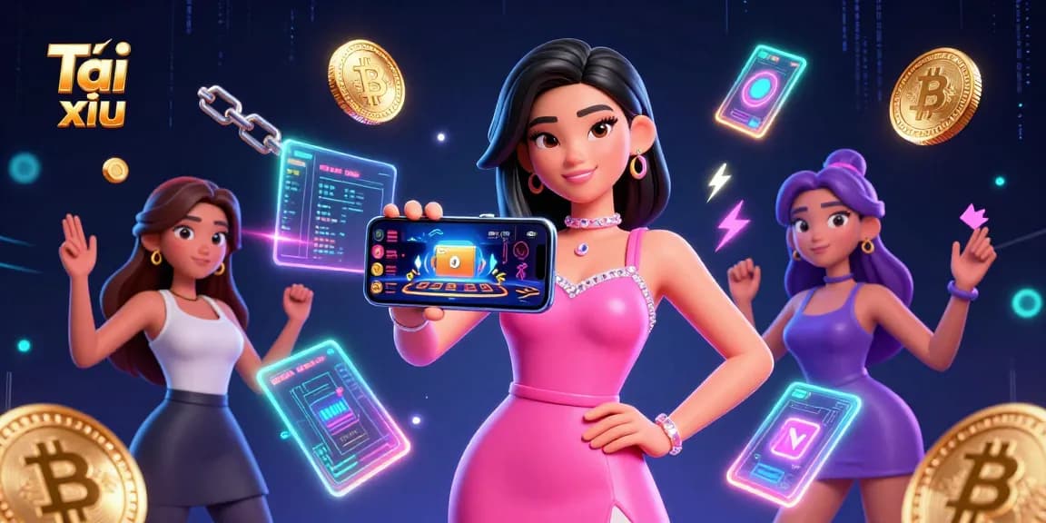 Experience Tài xỉu online with a stunning Asian woman holding a smartphone in a vibrant casino scene.