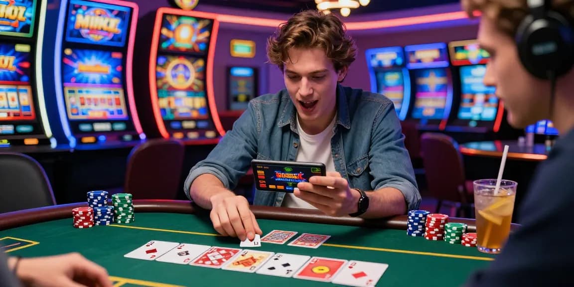 Exciting casino app gaming scene with a player enjoying Teen Patti and vibrant gaming elements.