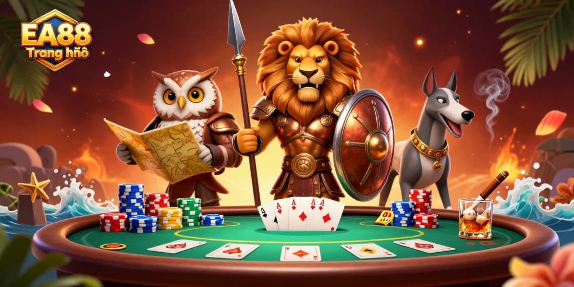 Experience the thrilling EA88 Trang chủ environment with a dynamic poker scene featuring a Spartan lion, tactical owl, and swift greyhound.