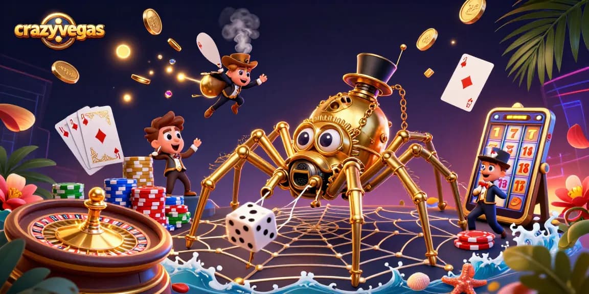 Experience the thrill of crazyvegas as a golden spider ensnares dice in a captivating 3D casino scene.