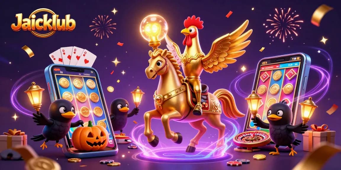 Experience Jaiclub's vibrant gaming atmosphere with a golden rooster jockey riding through a casino backdrop.