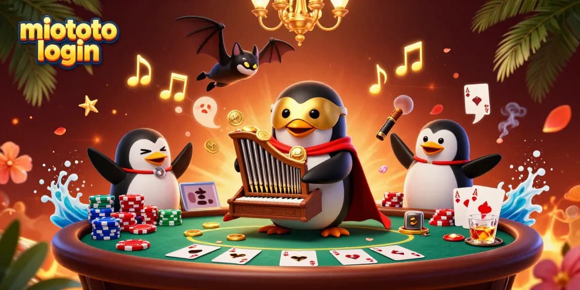Engage with miototo login through a vibrant casino scene featuring a cartoon penguin playing an organ.