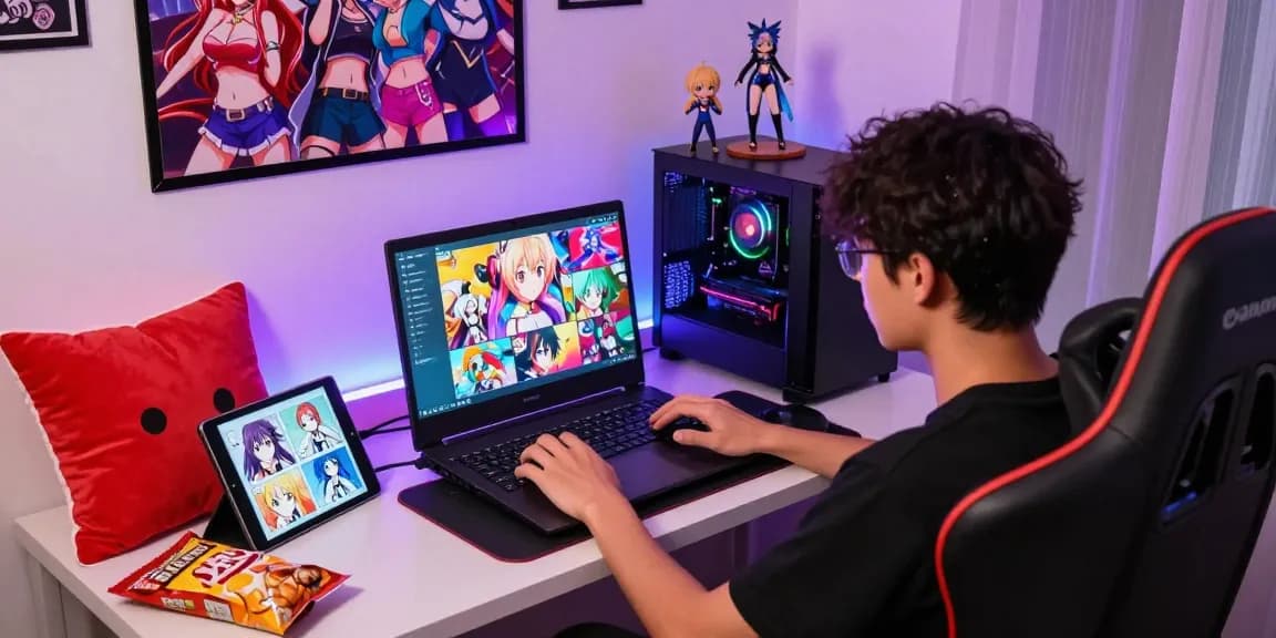Engaged gamer exploring popular hentai games in a cozy gaming setup.