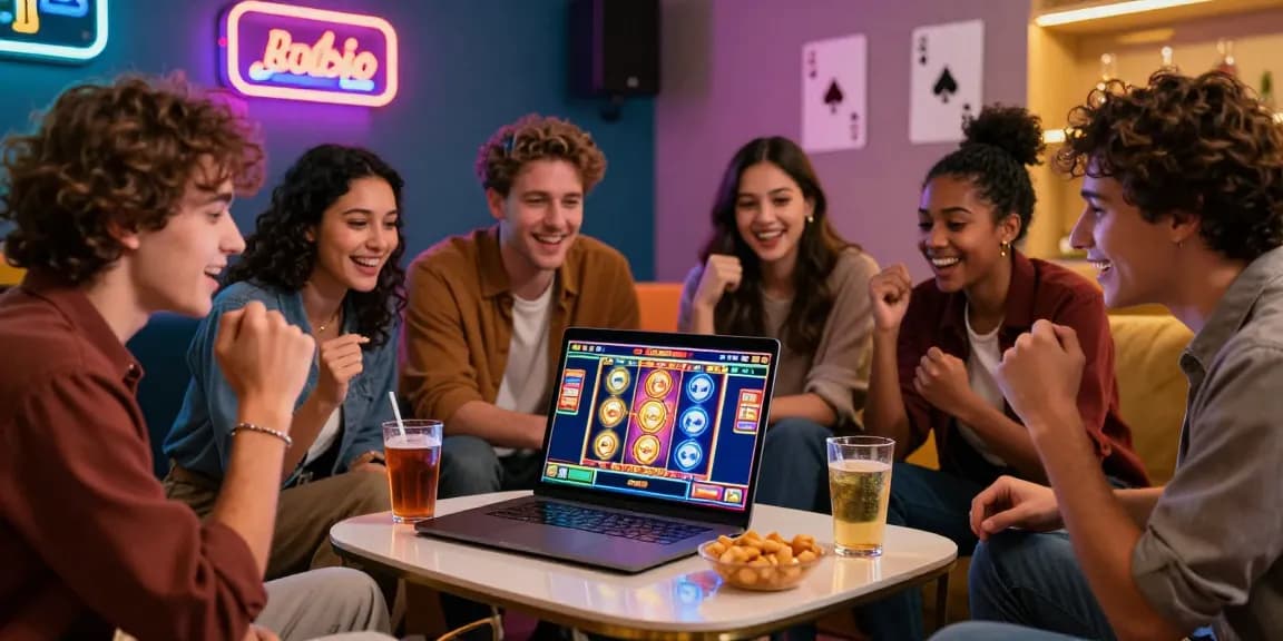 Friends playing slot online games on a laptop surrounded by snacks and drinks in a cozy atmosphere.