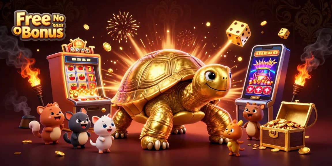 Engage with Free No Deposit Bonus offers through exciting casino visuals of a golden tortoise pinball and vibrant games.