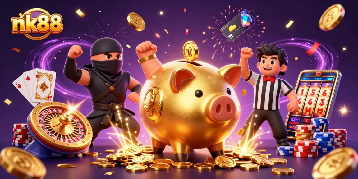Experience the thrill of nk88 with a dynamic 3D casino scene featuring unique cartoon characters and vibrant game elements.