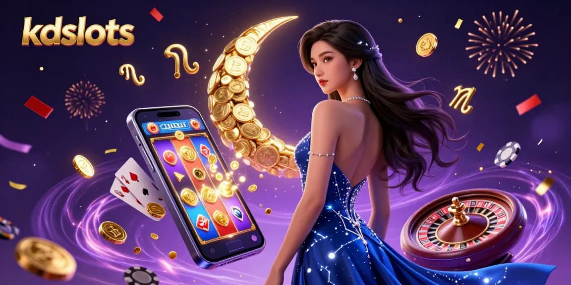 Win big with kdslots in this vibrant digital casino scene, showcasing exciting slot games and golden coins.