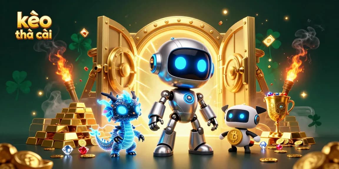 Experience thrilling kèo nhà cái action with our vibrant 3D casino illustration showcasing a robotic mascot and digital treasures.