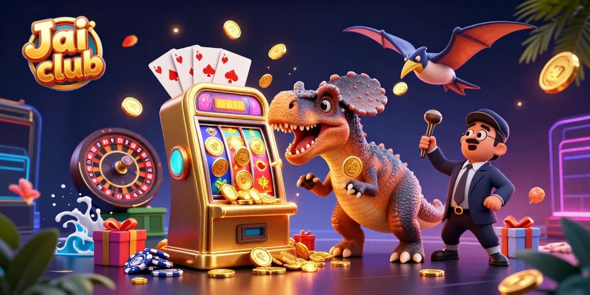 Engage with Jai club's thrilling atmosphere of gaming highlighted by vibrant characters and exciting rewards from slot machines.