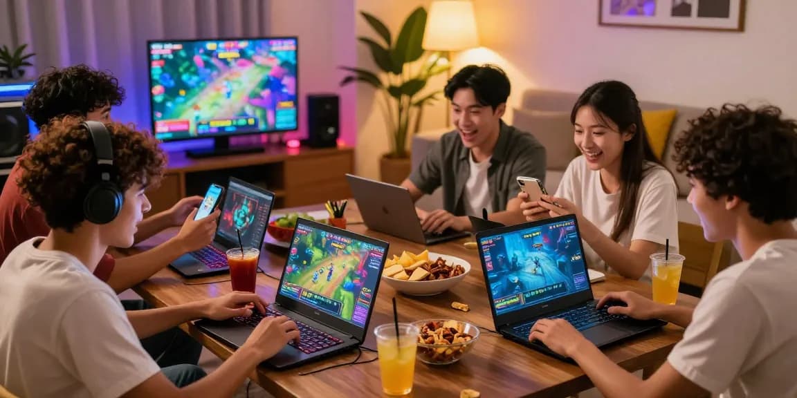 Group playing game bài đổi thưởng online in a cozy living room