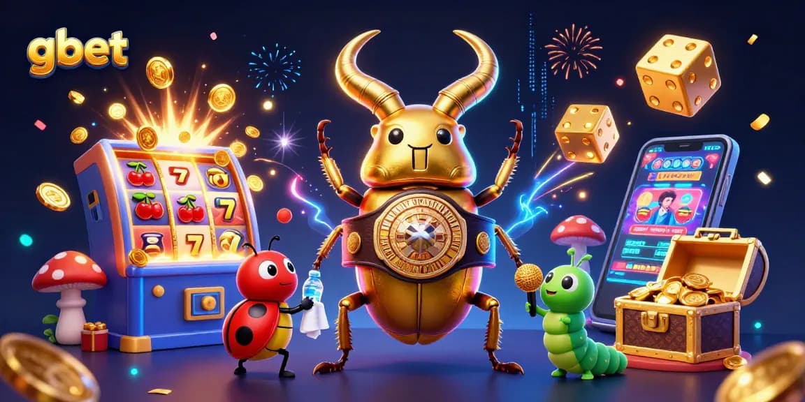 gbet’s vibrant gaming scene showcases a giant golden stag beetle champion surrounded by casino elements.