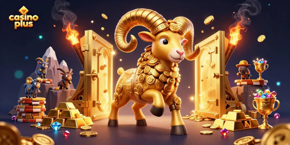 Experience thrilling gaming action at casino plus, featuring a massive golden ram charging through treasures.
