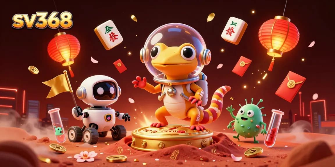 sv368 showcases a vibrant 3D illustration of a gecko in a casino on Mars with dynamic gambling elements.