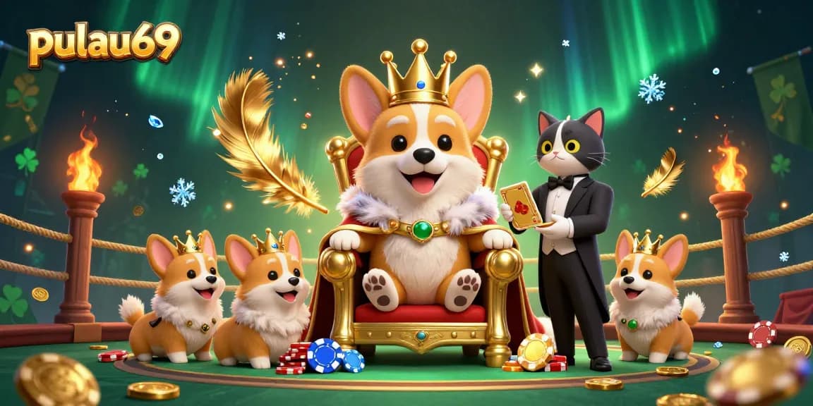 Experience pulau69 with a royal corgi, golden cards, and vibrant casino elements.